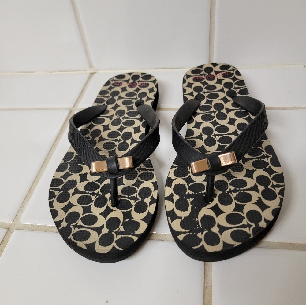 Coach Black and Beige Flip Flops with Logo Pattern